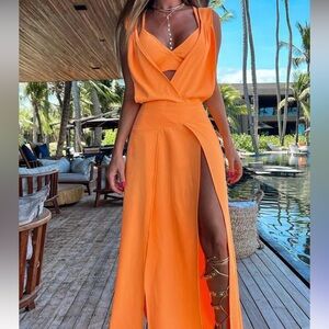 🧡 Flowy Orange Dress with High Slit